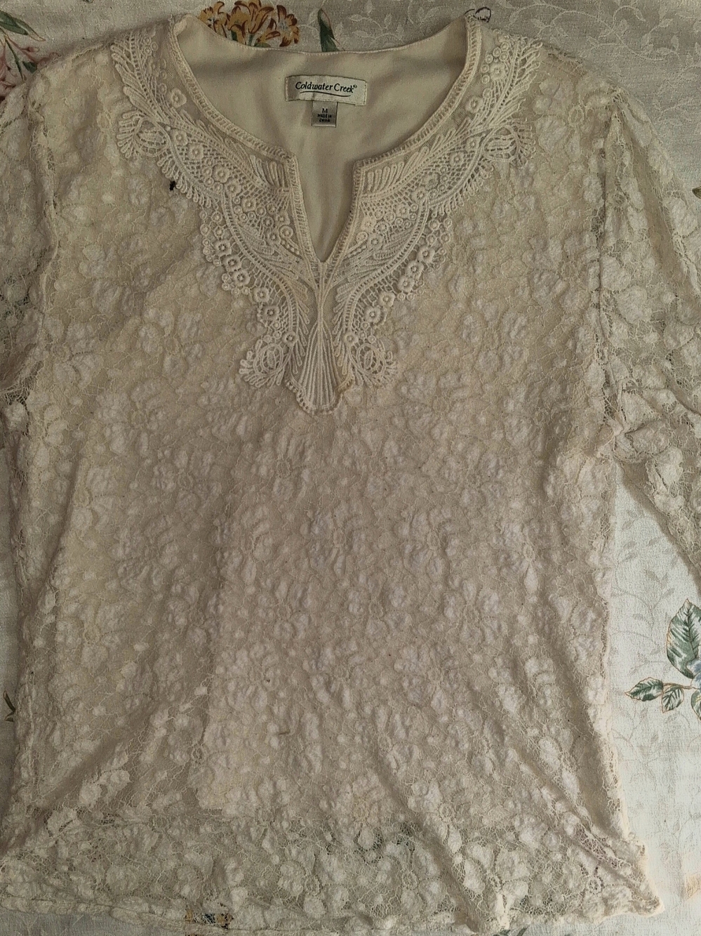 Coldwater Creek Ivory Lace Tunic with Embroidered Neckline